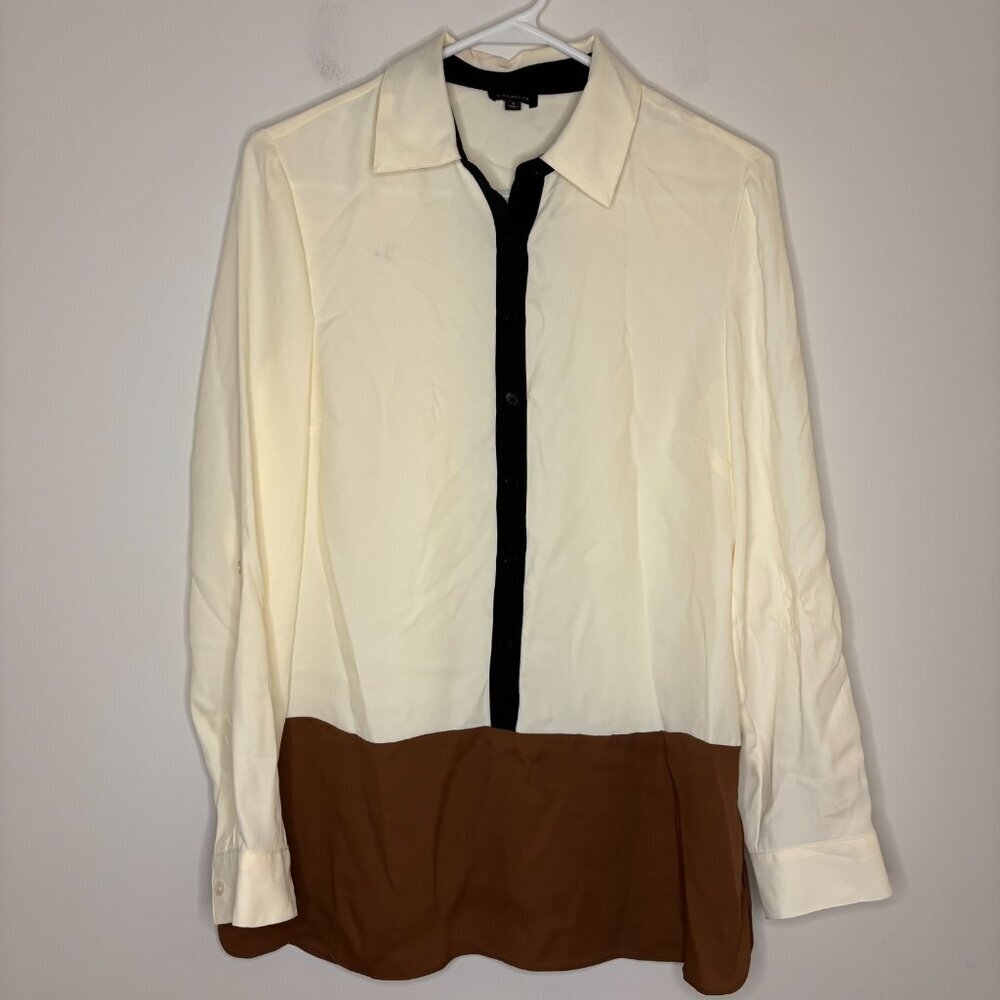 TALBOTS Roll-Tab Long Sleeve Blouse Womens S Cream Brown Black Flowy Silky